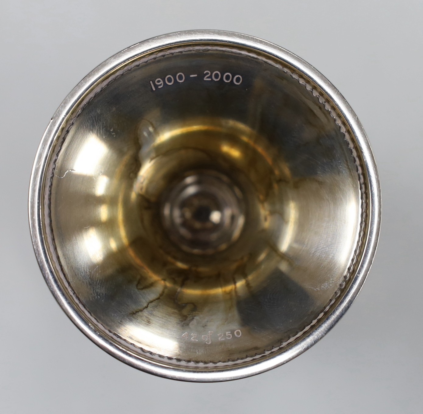 An Elizabeth II Scottish silver limited edition Millennium commemorative goblet, by Richard Jarvis, numbered 42/250, Edinburgh, 2000, height 10.6cm, 8.1oz.